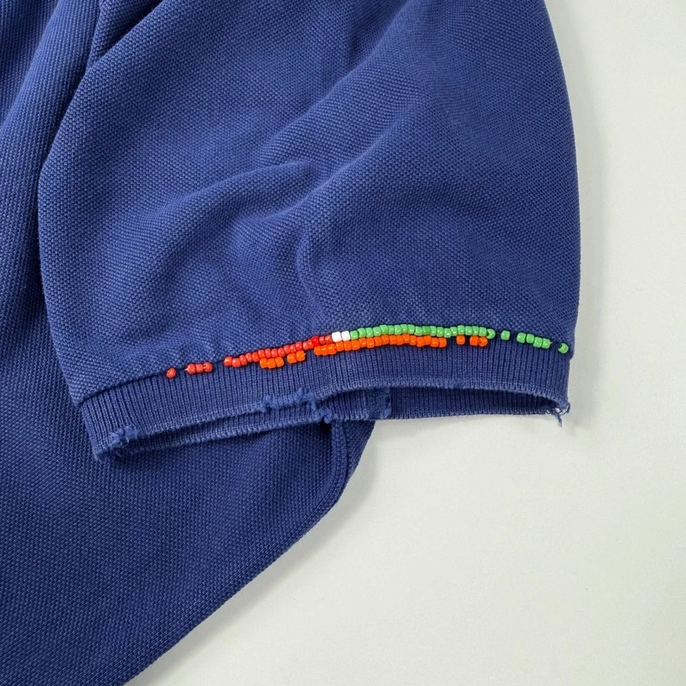Rare Vintage Polo Ralph Lauren Beaded Distressed Polo Shirt XXL Custom Fit Blue